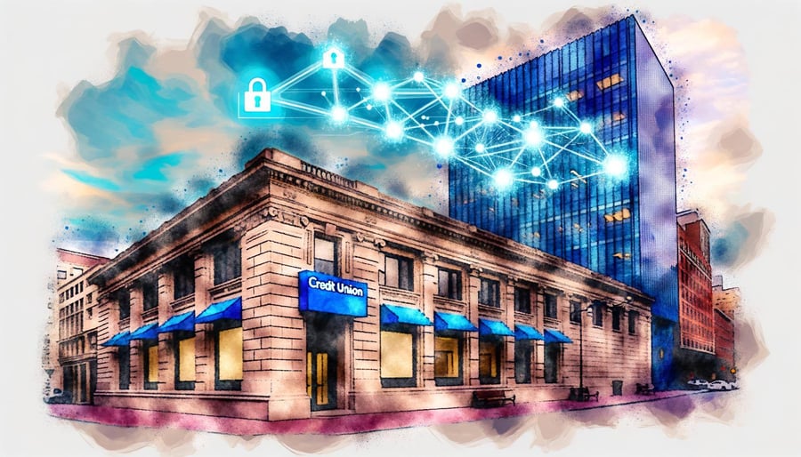 credit union on a city street with lights above the building
